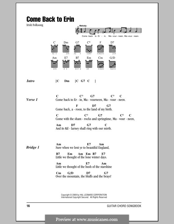 Come Back to Erin: Текст, аккорды by folklore