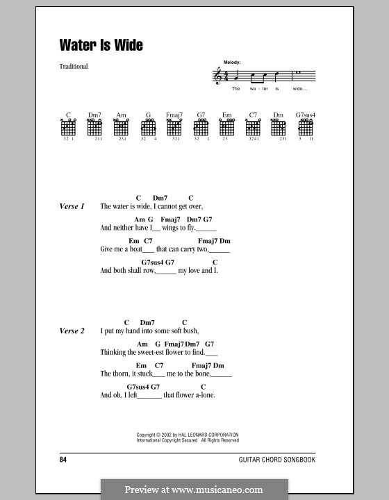 The Water is Wide (O Waly, Waly), Printable scores: Текст, аккорды by folklore