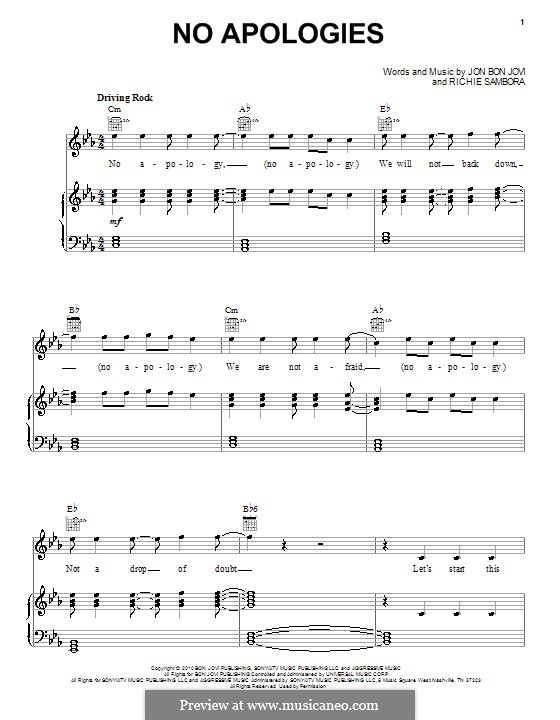 No Apologies (Bon Jovi): Для голоса и фортепиано (или гитары) by Jon Bon Jovi, Richie Sambora