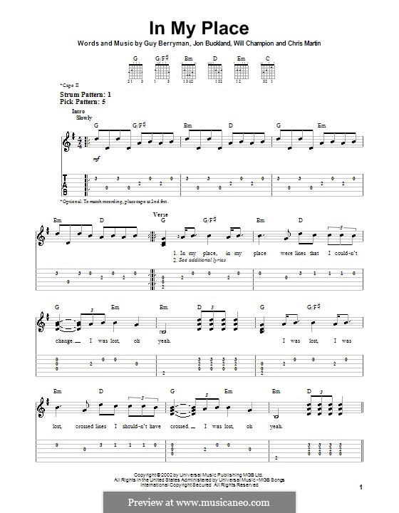 In My Place (Coldplay): Для гитары by Chris Martin, Guy Berryman, Jonny Buckland, Will Champion
