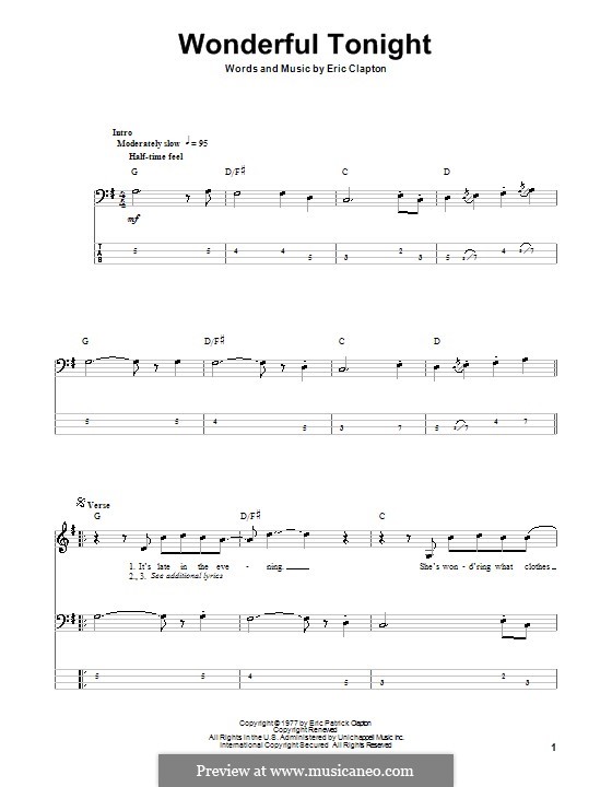 Wonderful Tonight: Для бас-гитары с табулатурой by Eric Clapton