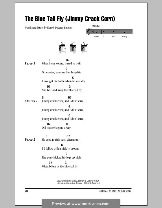 The Blue Tail Fly (Jimmy Crack Corn): Текст, аккорды by Daniel Decatur Emmett