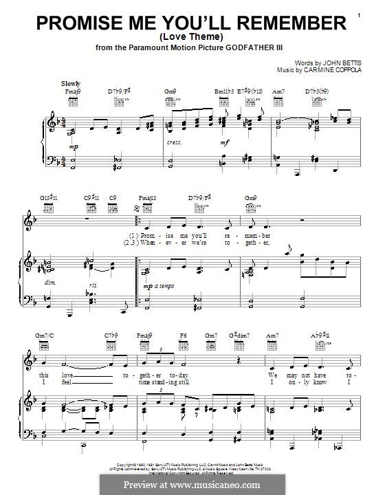 Promise Me You'll Remember (Love Theme): Для голоса и фортепиано (или гитары) by Carmine Coppola