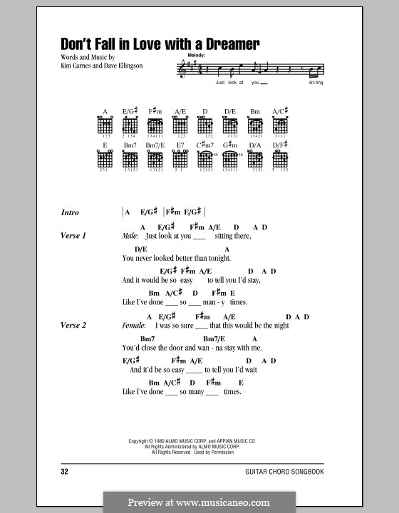 Don't Fall in Love with a Dreamer: Текст, аккорды by Dave Ellingson, Kim Carnes