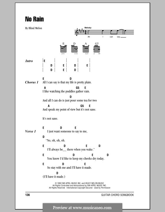No Rain (Blind Melon): Текст, аккорды by Brad Smith, Christopher Thorn, Glen Graham, Roger Stevens, Shannon Hoon