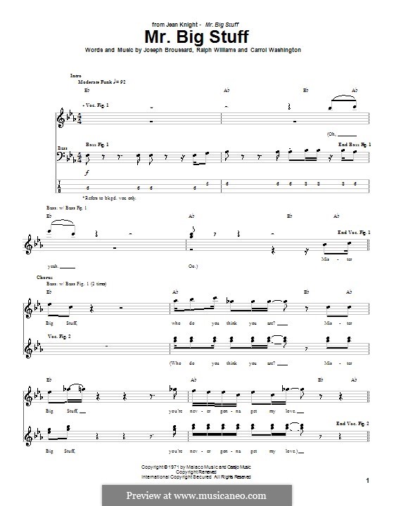 Mr. Big Stuff (Jean Knight): For bass guitar tab by Ральф Воан Уильямс, Carrol Washington, Joseph Broussard