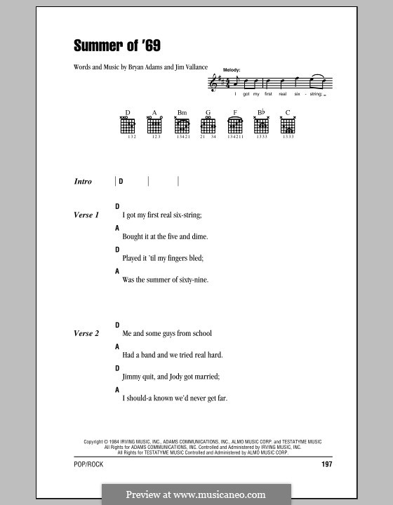 Summer of '69: Текст, аккорды by Bryan Adams, Jim Vallance