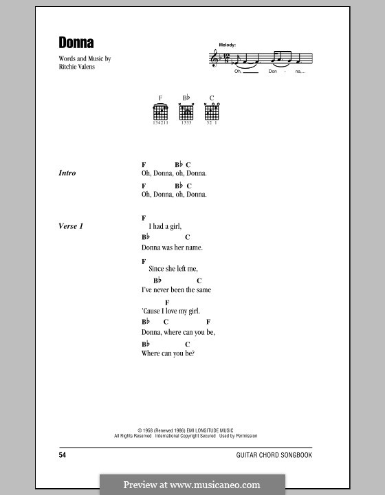 Donna: Текст, аккорды by Ritchie Valens
