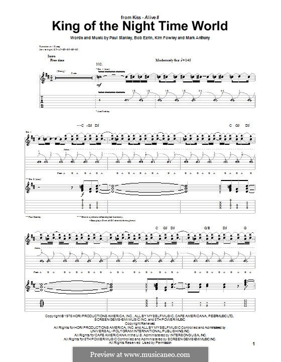 King of the Night Time World (KISS): Для гитары с табулатурой by Bob Ezrin, Kim Fowley, Mark Anthony, Paul Stanley