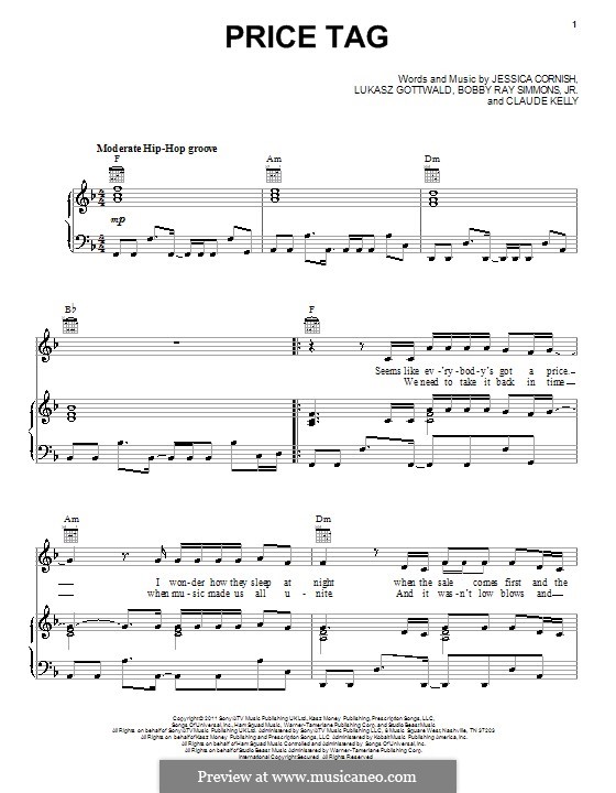 Price Tag (Jessie J feat. B.o.B.): Для голоса и фортепиано (или гитары) by Bobby Ray Simmons Jr., Claude Kelly, Jessica Cornish, Lukas Gottwald