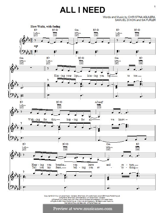 All I Need (Christina Aguilera): Для голоса и фортепиано (или гитары) by Samuel Dixon, Sia Furler