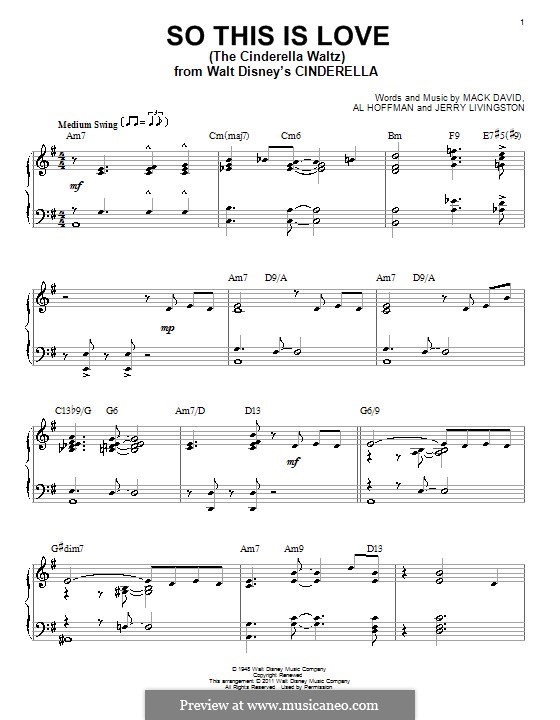 So This Is Love (The Cinderella Waltz): Для фортепиано by Al Hoffman, Jerry Livingston, Mack David