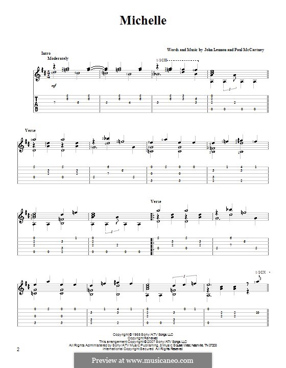 Michelle (The Beatles), for One Instrument: Гитарная табулатура (D Major) by John Lennon, Paul McCartney