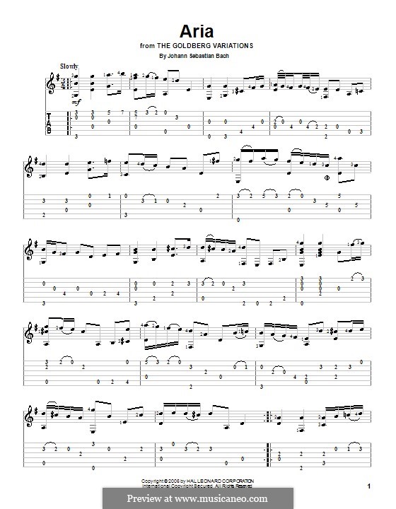 Вариации Гольдберга, BWV 988: Ария, для гитары (с табулатурой) by Иоганн Себастьян Бах