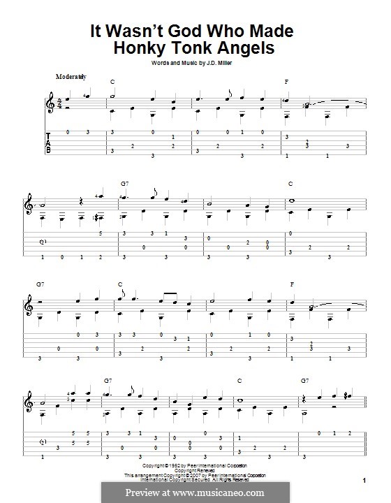 It Wasn't God Who Made Honky Tonk Angels (Patsy Cline): Для гитары с табулатурой by J. D. Miller