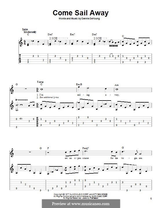 Come Sail Away (Styx): Гитарная табулатура by Dennis DeYoung