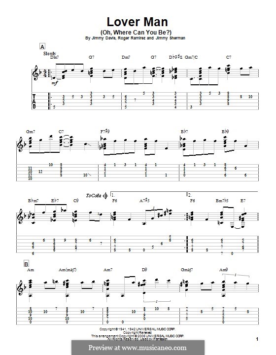 Lover Man (Oh, Where Can You Be?): Гитарная табулатура (Billie Holiday) by Jimmie Davis, Jimmy Sherman, Roger Ramirez