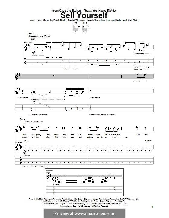 Sell Yourself (Cage the Elephant): Гитарная табулатура by Brad Shultz, Daniel Tichenor, Jared Champion, Lincoln Parish, Matt Shultz