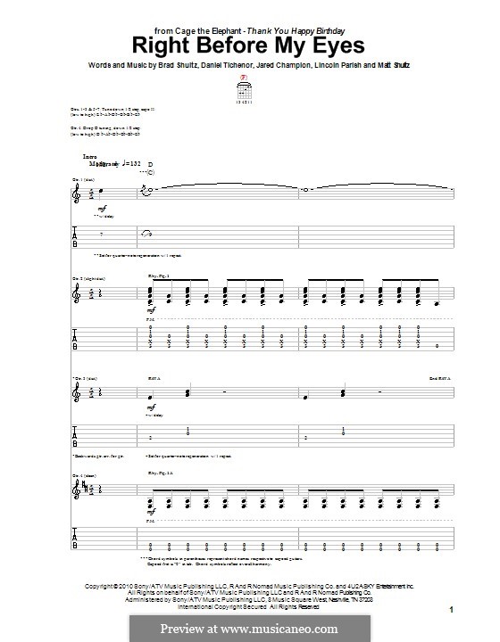 Right Before My Eyes (Cage the Elephant): Гитарная табулатура by Brad Shultz, Daniel Tichenor, Jared Champion, Lincoln Parish, Matt Shultz