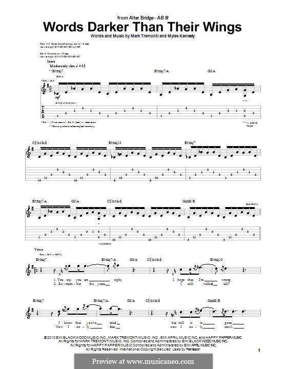 Words Darker Than Their Wings (Alter Bridge): Гитарная табулатура by Mark Tremonti, Myles Kennedy