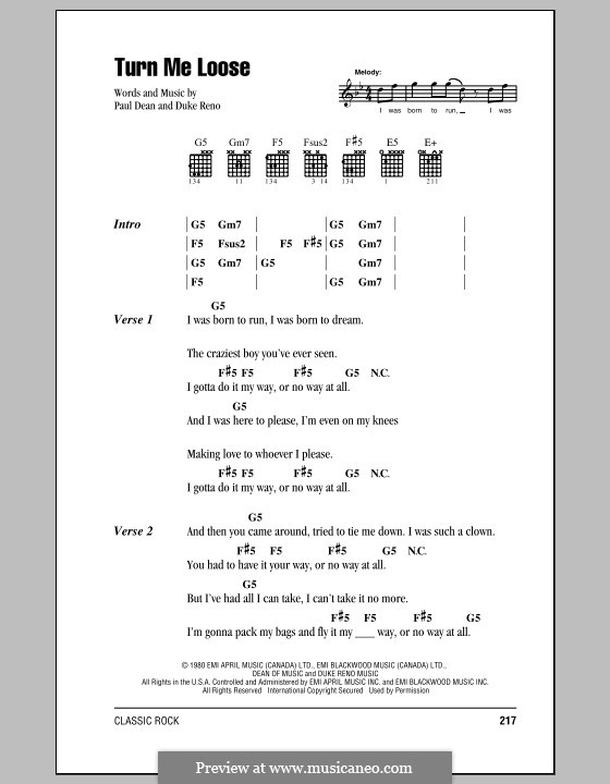 Turn Me Loose (Loverboy): Текст, аккорды by Duke Reno, Paul Dean