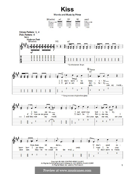 Kiss: Легкая гитарная табулатура by Prince.