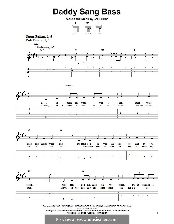 Daddy Sang Bass (Johnny Cash): Для гитары (легкий уровень) by Carl Lee Perkins