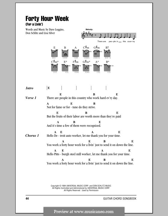 Forty Hour Week (For a Livin'): Lyrics amd chords (Alabama) by Dave Loggins, Don Schlitz, Lisa Silver