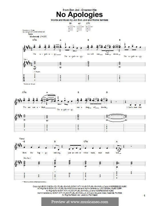 No Apologies (Bon Jovi): Гитарная табулатура by Jon Bon Jovi, Richie Sambora