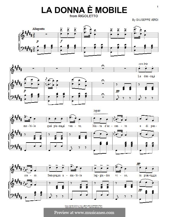 La donna è mobile (Over the Summer Sea) printable scores: Для голоса и фортепиано by Джузеппе Верди