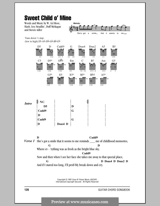 Sweet Child O' Mine (Guns N' Roses): Текст и аккорды by Slash, W. Axl Rose, Duff McKagan, Izzy Stradlin, Steven Adler