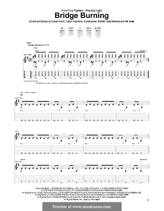 Bridge Burning (Foo Fighters): Гитарная табулатура by Christopher Shiflett, David Grohl, Nate Mendel, Pat Smear, Taylor Hawkins