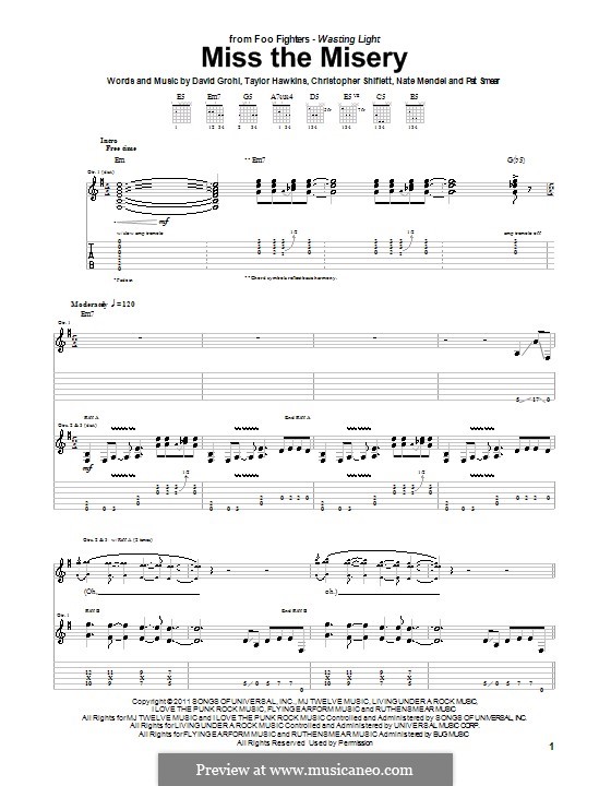 Miss the Misery (Foo Fighters): Гитарная табулатура by Christopher Shiflett, David Grohl, Nate Mendel, Pat Smear, Taylor Hawkins