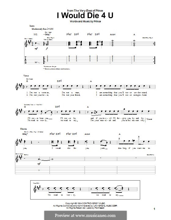 I Would Die 4 U: Гитарная табулатура by Prince