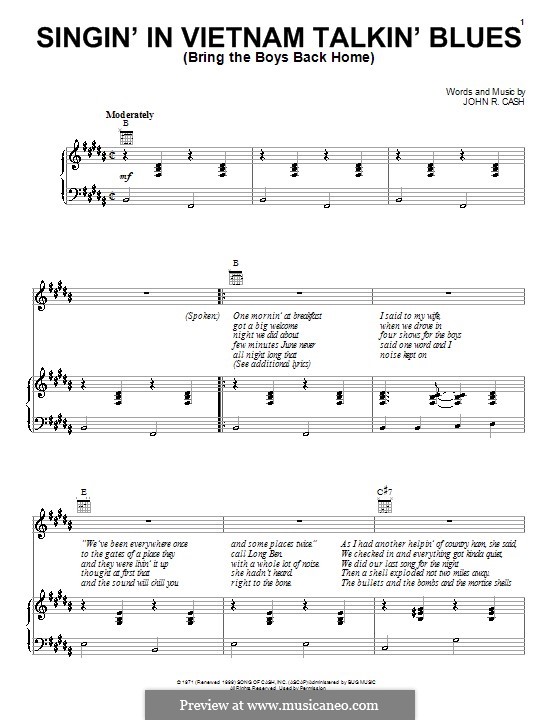 Singin' in Vietnam Talkin' Blues (Bring the Boys Back Home): Для голоса и фортепиано (или гитары) by Johnny Cash