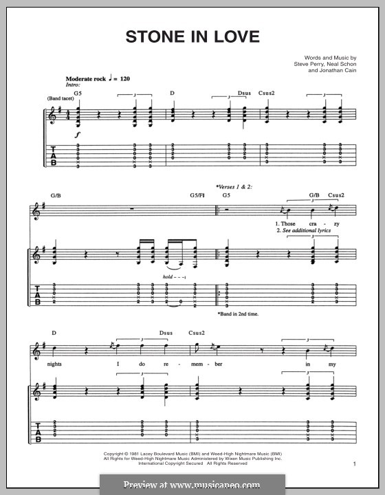 Stone in Love (Journey): Гитарная табулатура by Jonathan Cain, Neal Schon, Steve Perry