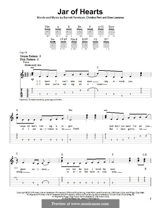 Jar of Hearts: Easy guitar tablature by Barrett Yeretsian, Christina Perri, Drew Lawrence