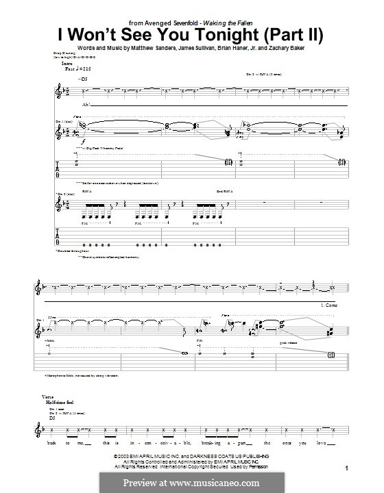 I Won't See You Tonight (Avenged Sevenfold): Part II, for guitar with tab by Brian Haner Jr., James Sullivan, Matthew Sanders, Zachary Baker