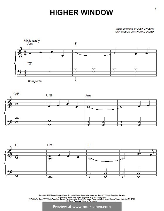 Higher Window: Для фортепиано (легкий уровень) by Daniel Wilson, Josh Groban, Thomas Salter