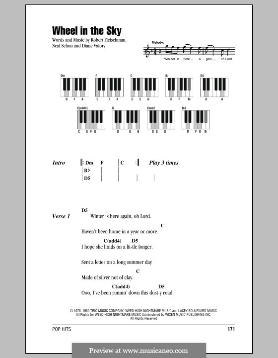 Wheel in the Sky (Journey): Текст и аккорды для фортепиано by Diane Valory, Neal Schon, Robert Fleischman