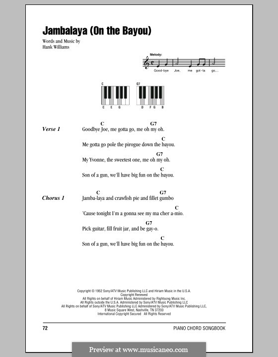 Jambalaya (On the Bayou): Текст и аккорды для фортепиано by Hank Williams