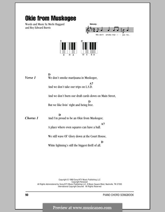 Okie from Muskogee: Текст и аккорды для фортепиано by Roy Edward Burris