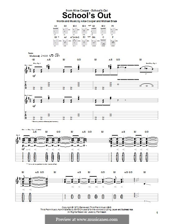 School's Out: Гитарная табулатура by Alice Cooper, Dennis Dunaway, Glen Buxton, Michael Bruce, Neal Smith