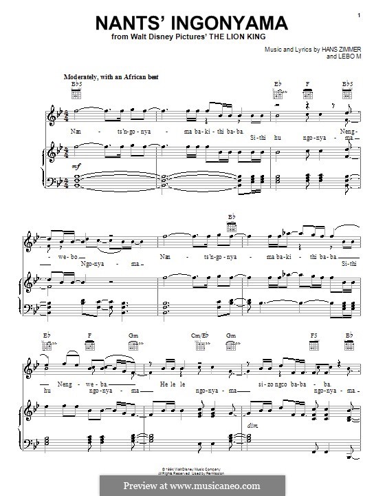 Nants' Ingonyama (Stage Version): Для голоса и фортепиано (или гитары) by Hans Zimmer, Lebo M