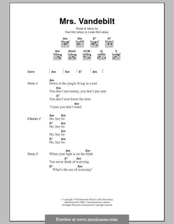 Mrs. Vandebilt (Wings): Текст, аккорды by Linda McCartney, Paul McCartney