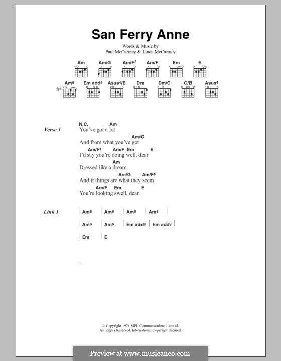 San Ferry Anne (Wings): Текст, аккорды by Linda McCartney, Paul McCartney