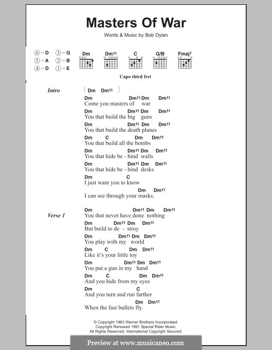 Masters of War: Текст, аккорды by Bob Dylan