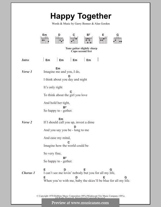 Happy Together (The Turtles): Текст, аккорды by Alan Gordon, Garry Bonner