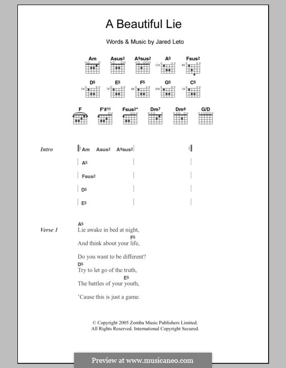 A Beautiful Lie (30 Seconds to Mars): Текст, аккорды by Jared Leto