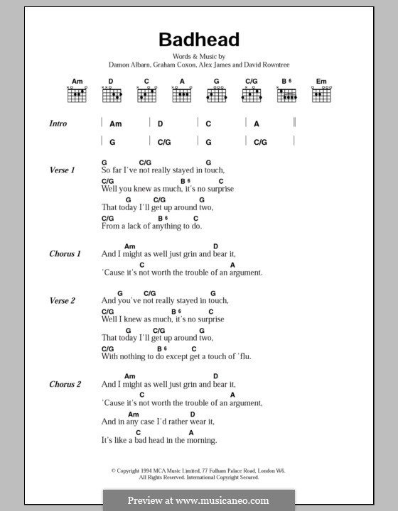Badhead (Blur): Текст и аккорды by Alex James, Damon Albarn, David Rowntree, Graham Coxon